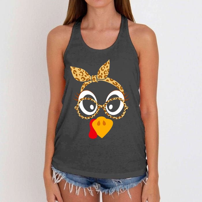 Thanksgiving Turkey Face Leopard Print Glasses Women Women's Knotted Racerback Tank