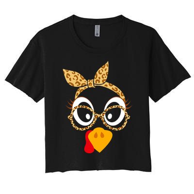 Thanksgiving Turkey Face Leopard Print Glasses Women Women's Crop Top Tee