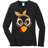 Thanksgiving Turkey Face Leopard Print Glasses Women Ladies Long Sleeve Shirt