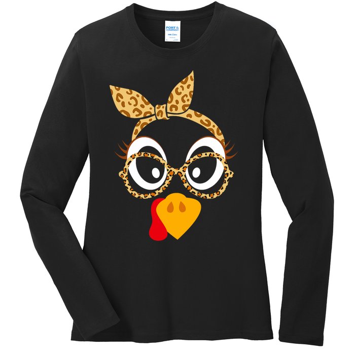 Thanksgiving Turkey Face Leopard Print Glasses Women Ladies Long Sleeve Shirt