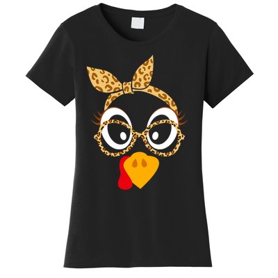 Thanksgiving Turkey Face Leopard Print Glasses Women Women's T-Shirt