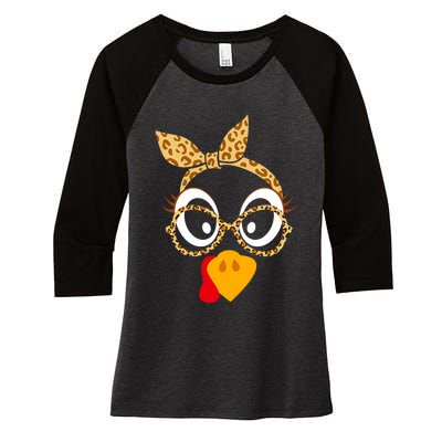 Thanksgiving Turkey Face Leopard Print Glasses Women Women's Tri-Blend 3/4-Sleeve Raglan Shirt