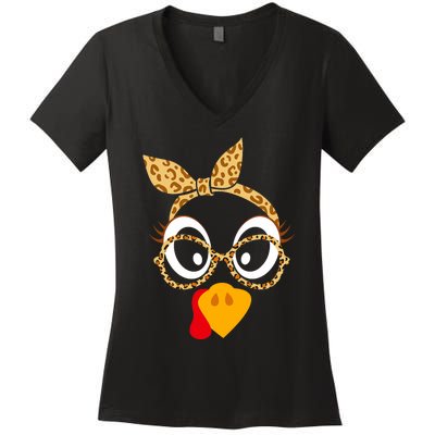 Thanksgiving Turkey Face Leopard Print Glasses Women Women's V-Neck T-Shirt