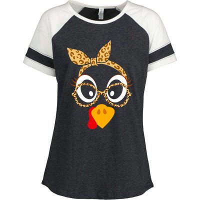 Thanksgiving Turkey Face Leopard Print Glasses Women Enza Ladies Jersey Colorblock Tee