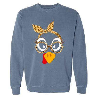 Thanksgiving Turkey Face Leopard Print Glasses Women Garment-Dyed Sweatshirt