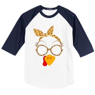 Thanksgiving Turkey Face Leopard Print Glasses Women Baseball Sleeve Shirt