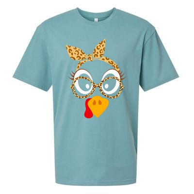 Thanksgiving Turkey Face Leopard Print Glasses Women Sueded Cloud Jersey T-Shirt