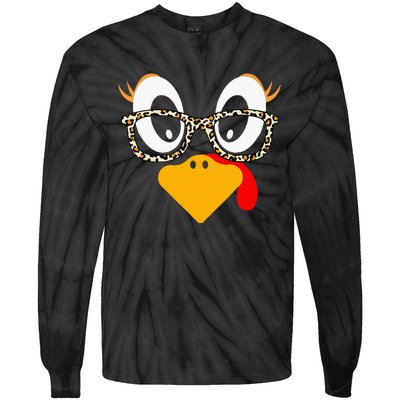 Thanksgiving Turkey Face Leopard Print Glasses Tie-Dye Long Sleeve Shirt