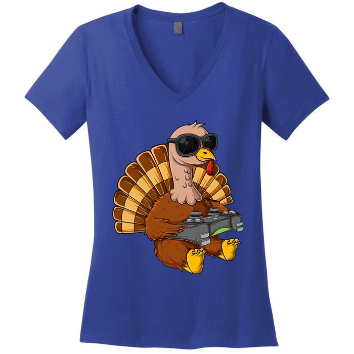 Thanksgiving Turkey Gamer Funny Video Gaming Cool Cute Gift Women's V-Neck T-Shirt