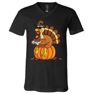 Thanksgiving Turkey Gamer Pumpkin Gaming V-Neck T-Shirt