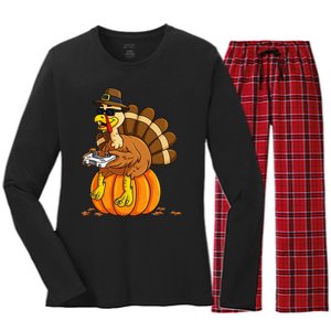 Thanksgiving Turkey Gamer Pumpkin Gaming Women's Long Sleeve Flannel Pajama Set 