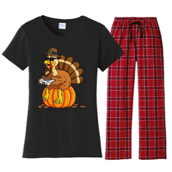 Thanksgiving Turkey Gamer Pumpkin Gaming Women's Flannel Pajama Set