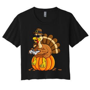 Thanksgiving Turkey Gamer Pumpkin Gaming Women's Crop Top Tee