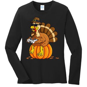 Thanksgiving Turkey Gamer Pumpkin Gaming Ladies Long Sleeve Shirt