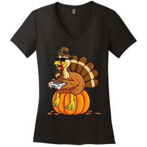 Thanksgiving Turkey Gamer Pumpkin Gaming Women's V-Neck T-Shirt