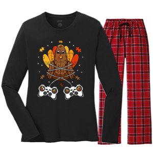 Thanksgiving Turkey Gamer Controller Fun Women's Long Sleeve Flannel Pajama Set 