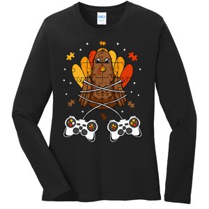 Thanksgiving Turkey Gamer Controller Fun Ladies Long Sleeve Shirt