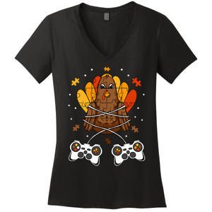 Thanksgiving Turkey Gamer Controller Fun Women's V-Neck T-Shirt