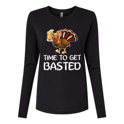 Time To Get Basted Turkey Beer Funny Thanksgiving Gift Womens Cotton Relaxed Long Sleeve T-Shirt