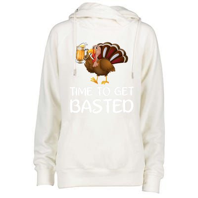 Time To Get Basted Turkey Beer Funny Thanksgiving Gift Womens Funnel Neck Pullover Hood