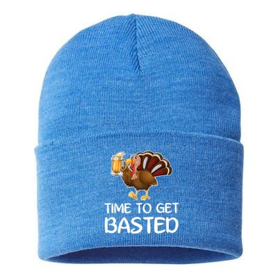 Time To Get Basted Turkey Beer Funny Thanksgiving Gift Sustainable Knit Beanie