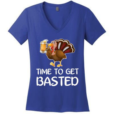 Time To Get Basted Turkey Beer Funny Thanksgiving Gift Women's V-Neck T-Shirt