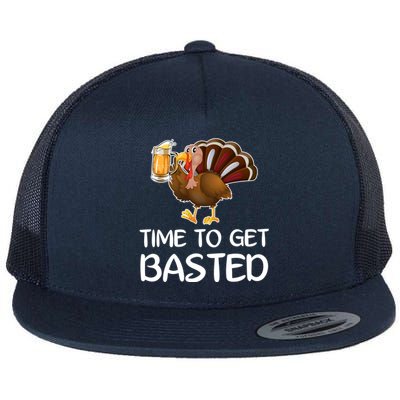 Time To Get Basted Turkey Beer Funny Thanksgiving Gift Flat Bill Trucker Hat