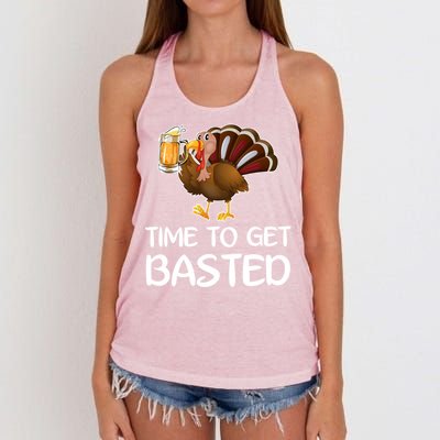 Time To Get Basted Turkey Beer Funny Thanksgiving Gift Women's Knotted Racerback Tank