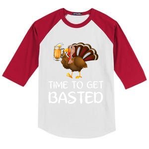 Time To Get Basted Turkey Beer Funny Thanksgiving Gift Kids Colorblock Raglan Jersey