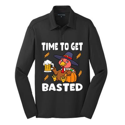 Time To Get Basted Funny Happy Thanksgiving Turkey Silk Touch Performance Long Sleeve Polo