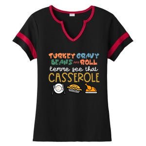 Thanksgiving Turkey Gravy Beans Roll Casserole Ladies Halftime Notch Neck Tee