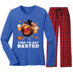 Time To Get Basted Funny Beer Thanksgiving Turkey Gift Women's Long Sleeve Flannel Pajama Set 