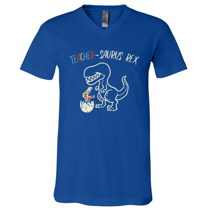 Teachersaurus Trex Gift Autism Awareness Dinosaur Teacher Gift V-Neck T-Shirt