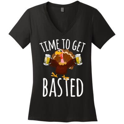 Time To Get Basted Funny Beer Thanksgiving Turkey Gift Women's V-Neck T-Shirt