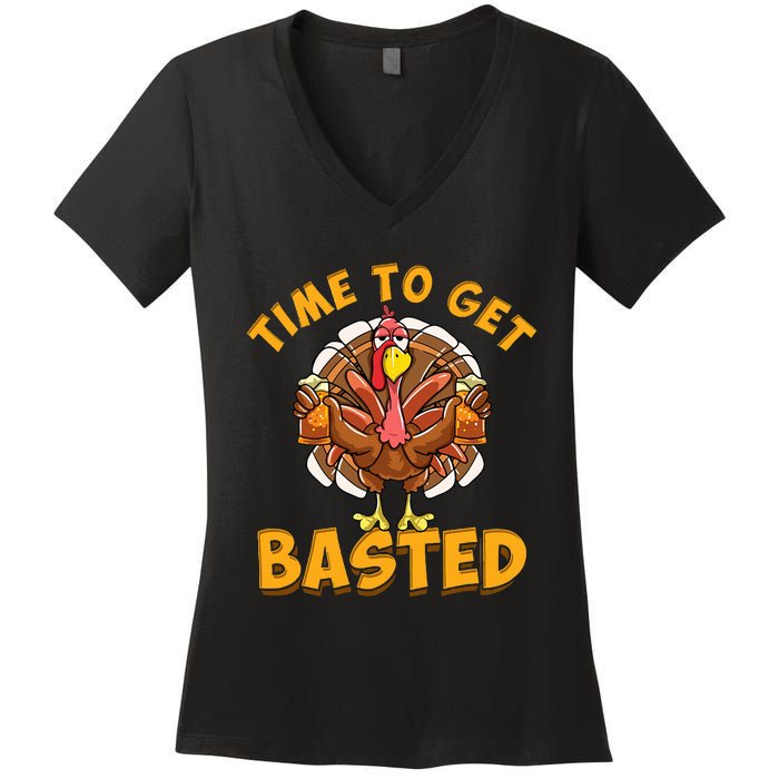 Time To Get Basted Funny Beer Thanksgiving Turkey Day Women's V-Neck T-Shirt