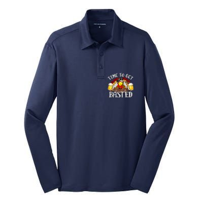 Time To Get Basted Funny Thanksgiving Turkey Day Funny Time To Get Basted Gifts Silk Touch Performance Long Sleeve Polo