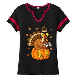 Thanksgiving Turkey Gamer Pumpkin Gaming Ladies Halftime Notch Neck Tee