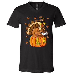 Thanksgiving Turkey Gamer Pumpkin Gaming V-Neck T-Shirt