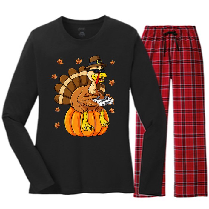 Thanksgiving Turkey Gamer Pumpkin Gaming Women's Long Sleeve Flannel Pajama Set 