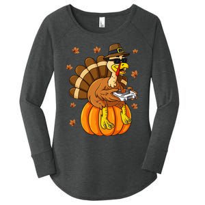 Thanksgiving Turkey Gamer Pumpkin Gaming Women's Perfect Tri Tunic Long Sleeve Shirt