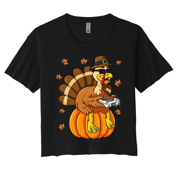 Thanksgiving Turkey Gamer Pumpkin Gaming Women's Crop Top Tee