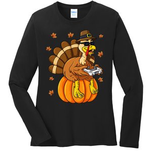 Thanksgiving Turkey Gamer Pumpkin Gaming Ladies Long Sleeve Shirt