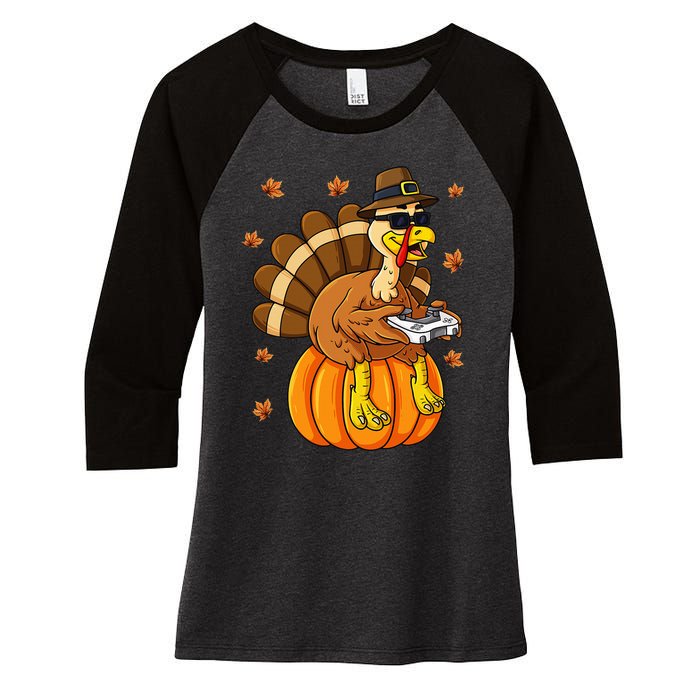 Thanksgiving Turkey Gamer Pumpkin Gaming Women's Tri-Blend 3/4-Sleeve Raglan Shirt