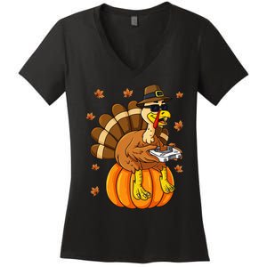 Thanksgiving Turkey Gamer Pumpkin Gaming Women's V-Neck T-Shirt