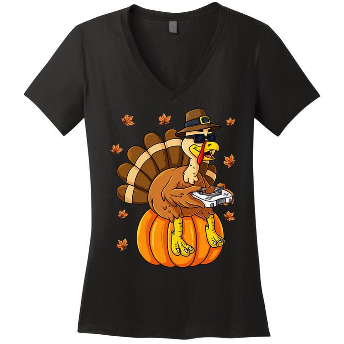 Thanksgiving Turkey Gamer Pumpkin Gaming Women's V-Neck T-Shirt