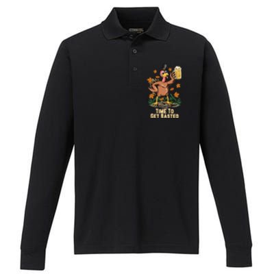 Time To Get Basted Ing Thanksgiving Turkey Funny Fall Gift Performance Long Sleeve Polo