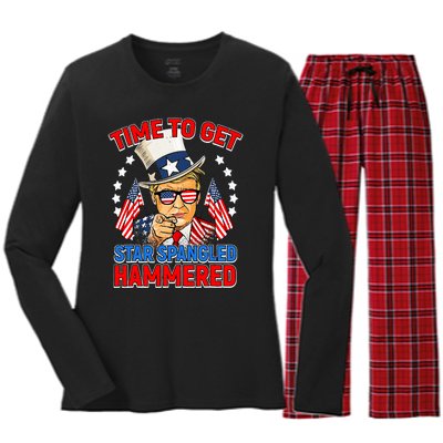 Time To Get Star Spangled Hammered Trump 4th Of July Women's Long Sleeve Flannel Pajama Set 