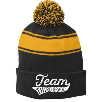 Team Third Grade Back To School Student Teacher Stripe Pom Pom Beanie