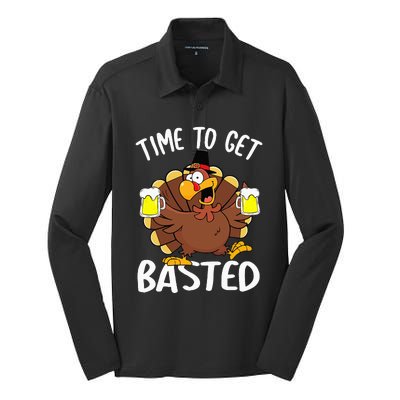 Time To Get Basted Funny Beer Thanksgiving Turkey Gifts Silk Touch Performance Long Sleeve Polo