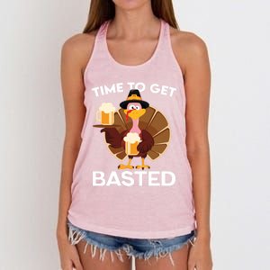 Time To Get Basted Funny Turkey Beer Thanksgiving Funny Gift Women's Knotted Racerback Tank